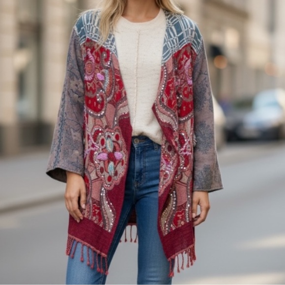 Soft Surroundings Jackets & Blazers - Soft Surroundings Boho Embroidered Crochet Wool Jacket SZ S Red Multi